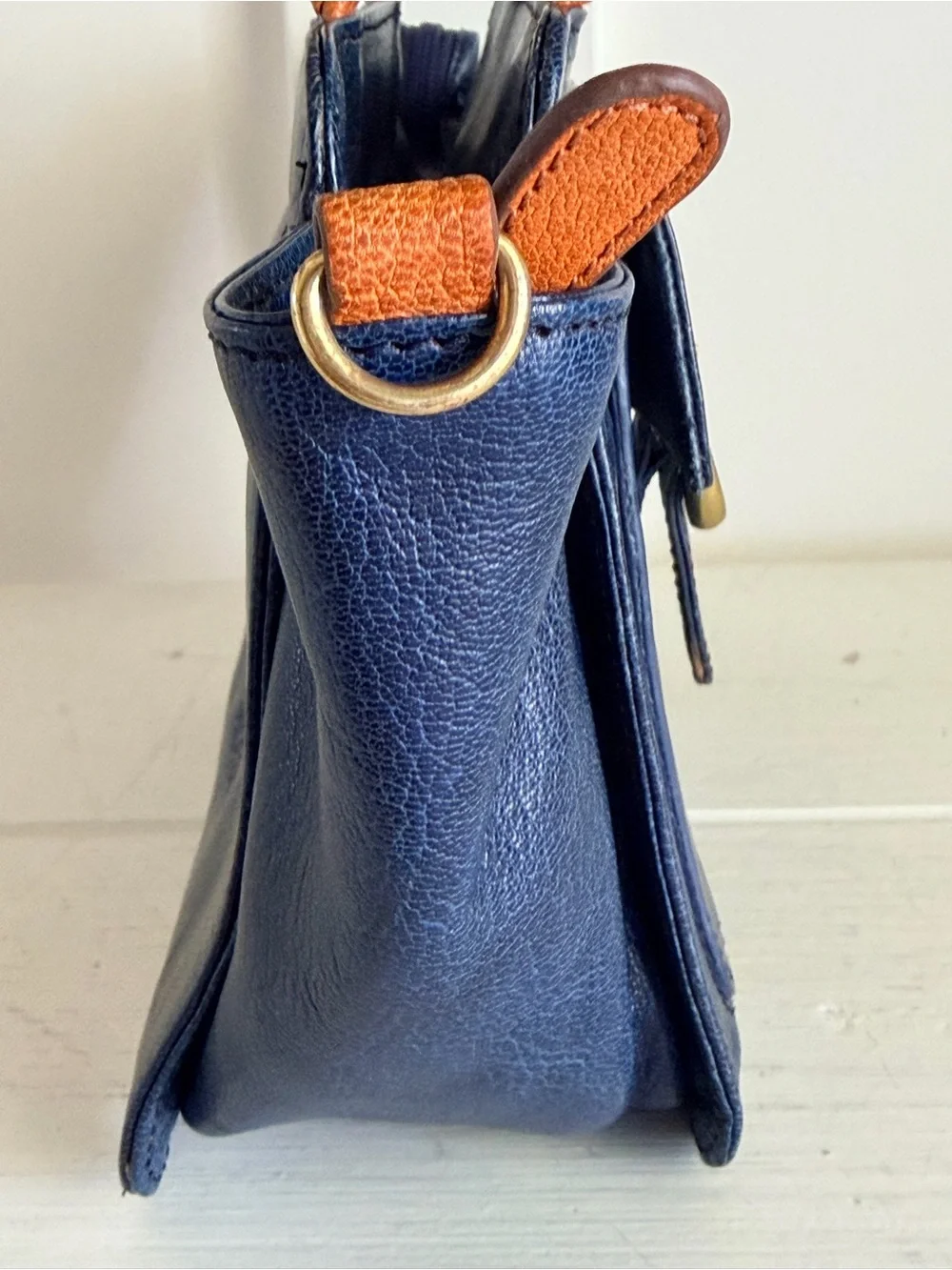 Hidesign Navy Blue Leather Purse Top Handle Satchel Braided Handle Brass accents
